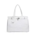 White canvas tote bag with lock closure and top handles, stylish casual handbag for daily use. - White