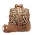 Women leopard print leather backpack with matching clutch bag, stylish large capacity travel bag. - Leopard Brown