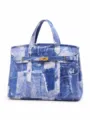 Denim patchwork tote bag featuring stylish wash effects, gold hardware and spacious interior design. - Denim Blue