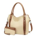 Women Straw Woven Shoulder Tote Bag Large Capacity Commuter Handbag with Matching Pouch - Brown