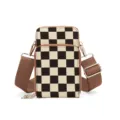 Black and white checkerboard mini crossbody phone bag with wide strap and zippers. - Brown
