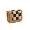 Women's chic checkerboard small zipper wallet compact card holder coin purse PU leather brown - Brown