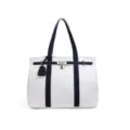 White and dark blue canvas tote bag with metal lock closure, stylish shoulder handbag. - White and Blue