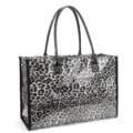 Detailed view of the black and white leopard print transparent PVC tote bag with dual handles. - Leopard Print Black
