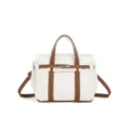 Canvas handbag detail, contrast color mini tote with adjustable strap and metal lock. - White and Brown