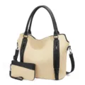 Straw Woven Shoulder Tote Bag PU Leather Trim Large Capacity Casual Handbag for Women - Black