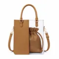Clear PVC tote bag for women with brown PU leather pouch, top handle and adjustable strap. - Brown