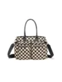 Fashionable black and white checkerboard tote bag with dual handles and shoulder strap. - Black