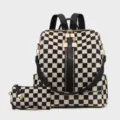 Black and white checkered backpack set with matching pouch, stylish large capacity travel bag. - Checkerboard Black