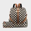 Black and white checkered backpack set with brown leather accents and matching pouch for women. - Checkerboard Brown