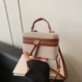Retro Kontrastfarbe Canvas Vanity Box Tasche, stilvolle Henkeltasche Umhängetasche für Damen. - Braun