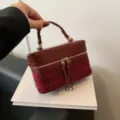 Wine red tweed box handbag vintage plaid PU leather mini top handle bag for women stylish - Red Tweed Style