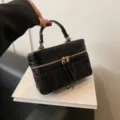 Black tweed box handbag, vintage style colorblock top handle purse with dual gold zippers. - Black Woolen Style