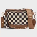 Canvas checkerboard chest bag women crossbody shoulder bag with small coin pouch and metal studs - Checkerboard Brown