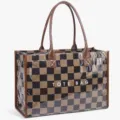 Checkerboard transparent tote bag with brown handles, large capacity casual commuting bag. - Brown