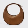 Brown suede crescent shoulder bag with structured ring handle and adjustable strap chic. - Brown