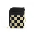 Vintage checkerboard card holder wallet with zipper coin pocket and metal key ring. - Black