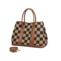 Canvas checkered tote bag with brown handles and shoulder strap for women daily use - Brown
