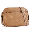 Close-up view of brown quilted crossbody camera bag with wide patterned strap and gold hardware. - Camel
