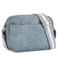 Retro quilted crossbody bag for women, stylish leather shoulder bag with wide strap and zip pocket. - Light Blue