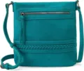 Teal leather crossbody bag detail highlighting front zipper pocket and stylish braided accent. - Teal
