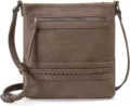 Detail view of women retro crossbody bag with front zipper pocket and stylish braided strap trim. - Khaki