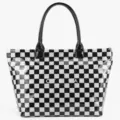 Detailed view of the black and white checkerboard clear PVC tote bag with stylish handles. - Black