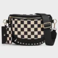 Trendy black and white checkerboard canvas crossbody chest bag with small pouch and metal studs. - Plaid Black