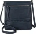 Navy blue crossbody bag detail showing front zipper pocket and braided texture strap design. - Aqua