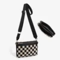 Black and white checkerboard canvas shoulder bag detail view showing multi zippers strap. - Checkerboard Black