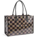 Stylish black brown checkered tote bag with glossy handles for women daily commuting shopping - Black