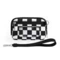 Black white checkerboard card pouch with clear window, zipper and detachable strap. - Black White Grid