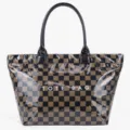 Stylish vintage checkered tote bag, large capacity PVC shoulder shopping bag for women. - Coffee