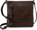 Brown women's crossbody bag detail showing zipper pocket, stylish braided texture and strap. - Coffee