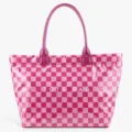 Pink checkered PVC tote bag with double handles, spacious waterproof daily shoulder bag. - Rose Red