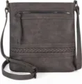 Women dark grey crossbody shoulder bag with front zipper pocket and stylish braided texture. - Gray