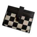 Women checkerboard canvas card holder, mini slim wallet with snap button and card slots. - Black