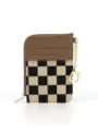 Vintage checkerboard card holder wallet with zipper coin pocket and metal keychain. - Coffee