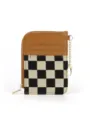 Retro checkerboard card holder wallet with multiple slots, zipper pocket and keyring. - Caramel color