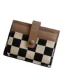 Compact brown and black checkered canvas card holder with snap button, slim wallet for women - Khaki