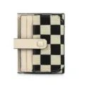 Black and white checkerboard card holder with beige PU leather trim and snap closure for daily use. - Off White