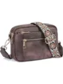 Brown PU leather crossbody bag with embroidered wide strap, multi-zipper design, daily purse. - Double Zipper Coffee Gray