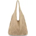 Close-up of the stylish hollow-out knitted shoulder tote bag showcasing the intricate diamond texture. - Khaki