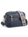 Dark blue PU leather crossbody bag with multiple zippers and wide embroidered strap details. - Double Zipper Blue