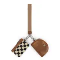 Detailed view of the multi-functional checkerboard wrist bag and mini coin purse set. - Checkerboard Brown