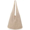 Close-up detail of beige hollow knit crochet tote bag shoulder strap and woven mesh fabric texture. - Khaki-2