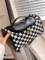 Large portable black and white plaid cosmetic bag, fashion leather spliced toiletry bag. - Black