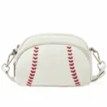 Detailed view of white leather baseball shaped crossbody bag with red stitching and zipper. - White