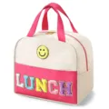 Detailed view of insulated lunch bag with colorful LUNCH embroidery and cute smiley face patch. - Rose Red