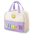 Insulated lunch bag for students with cute smiley face and colorful letter embroidery. - Purple